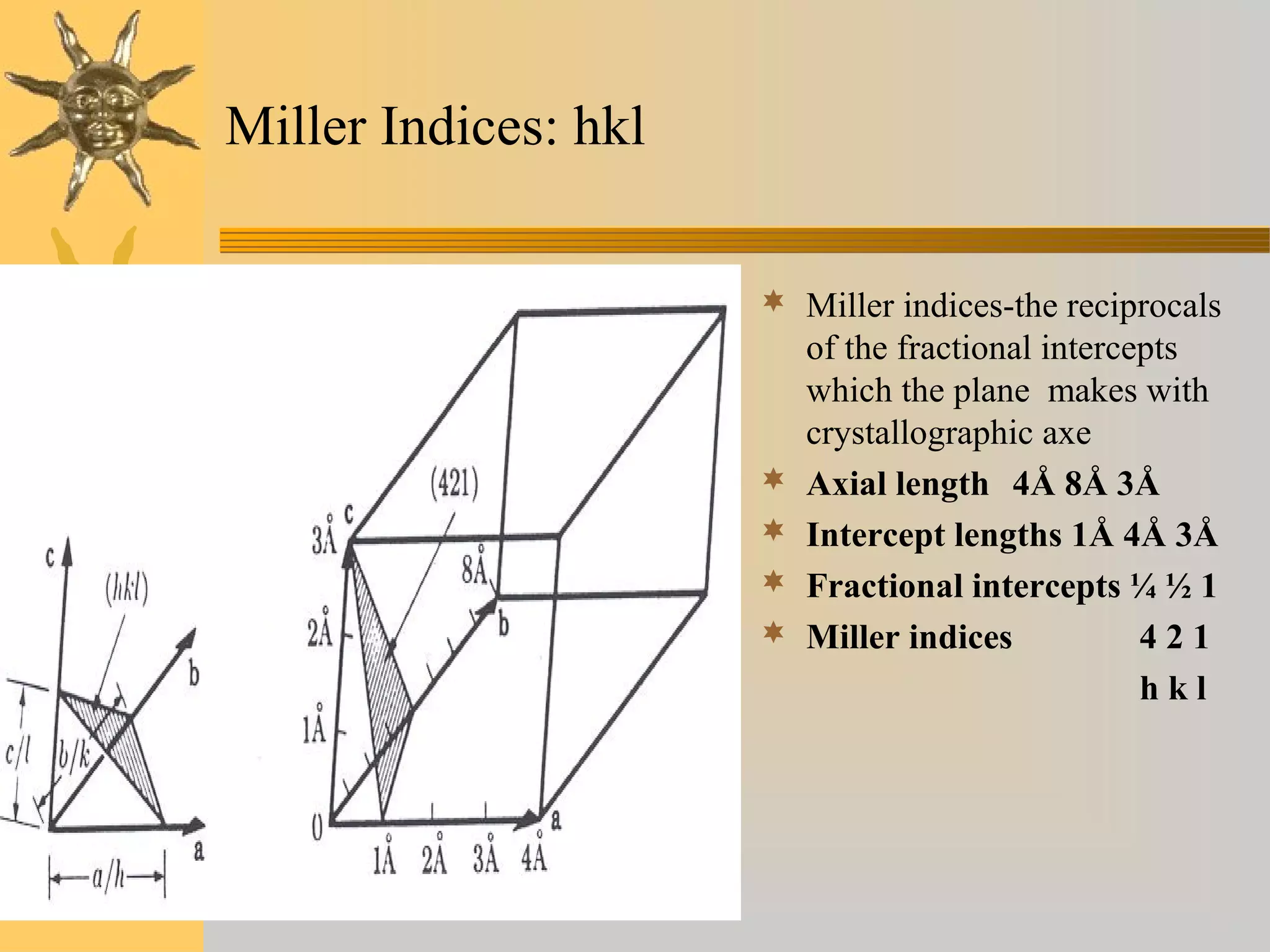 Miller Indices: hkl
 Miller indices-the reciprocals
of the fractional intercepts
which the plane makes with
crystallographic axe
 Axial length 4Å 8Å 3Å
 Intercept lengths 1Å 4Å 3Å
 Fractional intercepts ¼ ½ 1
 Miller indices 4 2 1
h k l
 