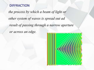 the process by which a beam of light or
other system of waves is spread out ad
result of passing through a narrow aperture
or across an edge.
DIFFRACTION
 