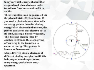 X-rays are high-energy photons that
are produced when electrons make
transitions from one atomic orbit to
another.
These transitions can be generated via
the photoelectric effect as shown. If
you send a photon into an atom with
an energy greater than the binding
energy of an electron in that atom, the
photon can knock that electron out of
its orbit, leaving a hole (or vacancy).
This hole can then be filled by
another electron in the atom, giving
off an x-ray in the transition to
conserve energy. This process is
known as fluorescence.
Many different atomic electrons of
different binding energies can fill this
hole, so you would expect to see
many energy peaks in an x-ray
spectrum.
 