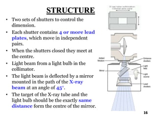 STRUCTURE
• Two sets of shutters to control the
dimension.
• Each shutter contains 4 or more lead
plates, which move in independent
pairs.
• When the shutters closed they meet at
the centre.
• Light beam from a light bulb in the
collimator.
• The light beam is deflected by a mirror
mounted in the path of the X-ray
beam at an angle of 45°.
• The target of the X-ray tube and the
light bulb should be the exactly same
distance form the centre of the mirror.
16
 