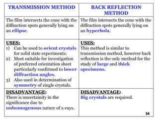 TRANSMISSION METHOD BACK REFLECTION
METHOD
The film intersects the cone with the
diffraction spots generally lying on
an ellipse.
The film intersects the cone with the
diffraction spots generally lying on
an hyperbola.
USES:
1) Can be used to orient crystals
for solid state experiments.
2) Most suitable for investigation
of preferred orientation sheet
particularly confirmed to lower
diffraction angles.
3) Also used in determination of
symmetry of single crystals.
USES:
This method is similar to
transmission method, however back
reflection is the only method for the
study of large and thick
specimens.
DISADVANTAGE:
There is uncertainity in the
significance due to
unhomogenous nature of x-rays.
DISADVANTAGE:
Big crystals are required.
34
 