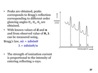 • Peaks are obtained, peaks
corresponds to Bragg’s reflection
corresponding to different order
glancing angles Ө1, Ө2, Ө3 are
obtained.
• With known values of d and n
and from observed value of Ө, λ
can be measured using,
Bragg’s law, nλ = 2dsinӨ
λ = 2dsinӨ/n
• The strength of ionization current
is proportional to the intensity of
entering reflecting x-rays.
37
 
