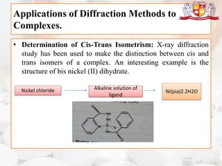 Applications of Diffraction Methods to
Complexes.
• Determination of Cis-Trans Isometrism: X-ray diffraction
study has been used to make the distinction between cis and
trans isomers of a complex. An interesting example is the
structure of bis nickel (II) dihydrate.
Nickel chloride Alkaline solution of
ligand
Ni(pia)2.2H2O
 