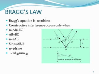 BRAGG’S LAW
 Bragg’s equation is n=2dsinө
 Constructive interference occurs only when
 n=AB+BC
 AB=BC
 n=2AB
 Sinө=AB/d
 n=2dsinө
 =2dhklsinөhkl
15
 