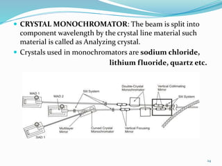  CRYSTAL MONOCHROMATOR: The beam is split into
component wavelength by the crystal line material such
material is called as Analyzing crystal.
 Crystals used in monochromators are sodium chloride,
lithium fluoride, quartz etc.
24
 