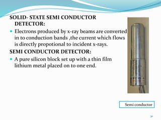 SOLID- STATE SEMI CONDUCTOR
DETECTOR:
 Electrons produced by x-ray beams are converted
in to conduction bands ,the current which flows
is directly propotional to incident x-rays.
SEMI CONDUCTOR DETECTOR:
 A pure silicon block set up with a thin film
lithium metal placed on to one end.
Semi conductor
30
 
