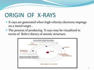 ORIGIN OF X-RAYS
 X-rays are generated when high velocity electrons impinge
on a metal target .
 The process of producing X-rays may be visualized in
terms of Bohr’s theory of atomic structure.
5
 