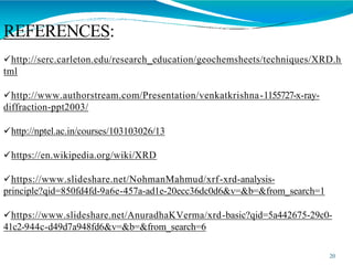 REFERENCES:
20
http://serc.carleton.edu/research_education/geochemsheets/techniques/XRD.h
tml
http://www.authorstream.com/Presentation/venkatkrishna-1155727-x-ray-
diffraction-ppt2003/
http://nptel.ac.in/courses/103103026/13
https://en.wikipedia.org/wiki/XRD
https://www.slideshare.net/NohmanMahmud/xrf-xrd-analysis-
principle?qid=850fd4fd-9a6e-457a-ad1e-20ecc36dc0d6&v=&b=&from_search=1
https://www.slideshare.net/AnuradhaKVerma/xrd-basic?qid=5a442675-29c0-
41c2-944c-d49d7a948fd6&v=&b=&from_search=6
 