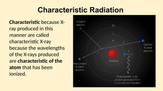 Characteristic Radiation
Characteristic because X-
ray produced in this
manner are called
characteristic X-ray
because the wavelengths
of the X-rays produced
are characteristic of the
atom that has been
ionized.
 