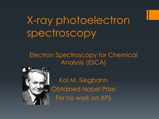 X-ray photoelectron
spectroscopy
Electron Spectroscopy for Chemical
Analysis (ESCA)
Kai M. Siegbahn
Obtained Nobel Prize
For his work on XPS
 