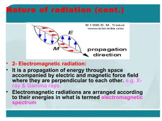 Nature of radiation (cont.)

• 2- Electromagnetic radiation:
• It is a propagation of energy through space
accompanied by electric and magnetic force field
where they are perpendicular to each other. e.g. Xray & Gamma rays.
• Electromagnetic radiations are arranged according
to their energies in what is termed electromagnetic
spectrum.

 