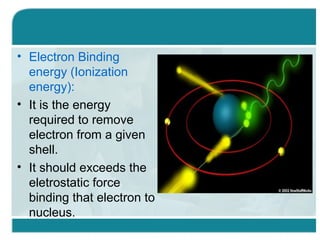 • Electron Binding
energy (Ionization
energy):
• It is the energy
required to remove
electron from a given
shell.
• It should exceeds the
eletrostatic force
binding that electron to
nucleus.

 