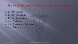  Electron Emission
 Electron Acceleration
 Electron Deceleration
 X-ray Production
 X-ray Emission and Collimation
 X-ray Detection
Tuesday, July 18, 2023 X-Ray Production and Emission By- Dr. Dheeraj Kumar 5
 