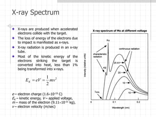 X-ray Spectrum
X-ray spectrum of Mo at different voltage
X-rays are produced when accelerated
electrons collide with the target.
The loss of energy of the electrons due
to impact is manifested as x-rays.
X-ray radiation is produced in an x-ray
tube.
Most of the kinetic energy of the
electrons striking the target is
converted into heat, less than 1%
being transformed into x-rays.
2
2
1
mv
eV
EK 

e – electron charge (1.610-19 C)
EK – kinetic energy, V – applied voltage,
m – mass of the electron (9.1110-31 kg),
v – electron velocity (m/sec)
 