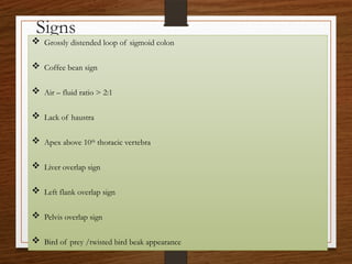 Signs
 Grossly distended loop of sigmoid colon
 Coffee bean sign
 Air – fluid ratio > 2:1
 Lack of haustra
 Apex above 10th
thoracic vertebra
 Liver overlap sign
 Left flank overlap sign
 Pelvis overlap sign
 Bird of prey /twisted bird beak appearance
 