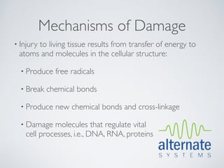 Mechanisms of Damage
• Injury
      to living tissue results from transfer of energy to
 atoms and molecules in the cellular structure:

  • Produce   free radicals

  • Break   chemical bonds

  • Produce   new chemical bonds and cross-linkage

  • Damage   molecules that regulate vital
    cell processes, i.e., DNA, RNA, proteins
 