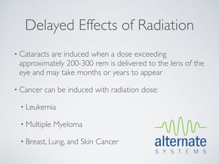 Delayed Effects of Radiation
• Cataracts
          are induced when a dose exceeding
 approximately 200-300 rem is delivered to the lens of the
 eye and may take months or years to appear

• Cancer   can be induced with radiation dose:

  • Leukemia

  • Multiple   Myeloma

  • Breast, Lung, and   Skin Cancer
 