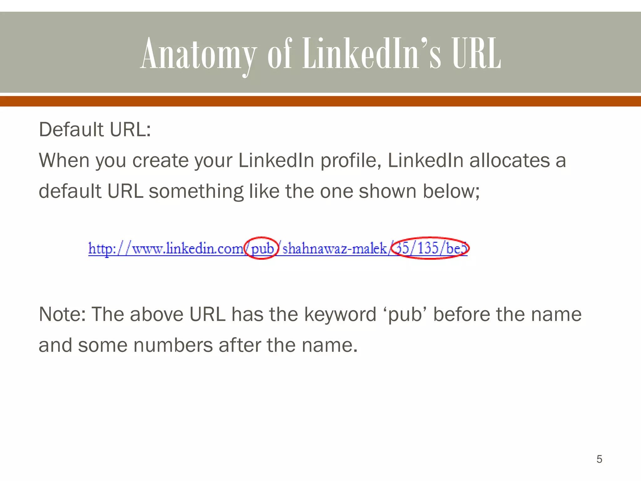 5
Anatomy of LinkedIn’s URL
Default URL:
When you create your LinkedIn profile, LinkedIn allocates a
default URL something like the one shown below;
Note: The above URL has the keyword ‘pub’ before the name
and some numbers after the name.
 