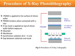 Procedure of X-Ray Photolithography
 PMMA is applied to the surface of silicon
wafer
 PMMA hardens when contacted with x-
rays
 X-ray mask is applied on top of silicon
wafer before exposure
 Absorber
 Membrane
 Synchrotron radiation (0.2 – 2 nm)
 Gap between substrate and mask
Fig 3: Procedures of X-Ray Lithography
 