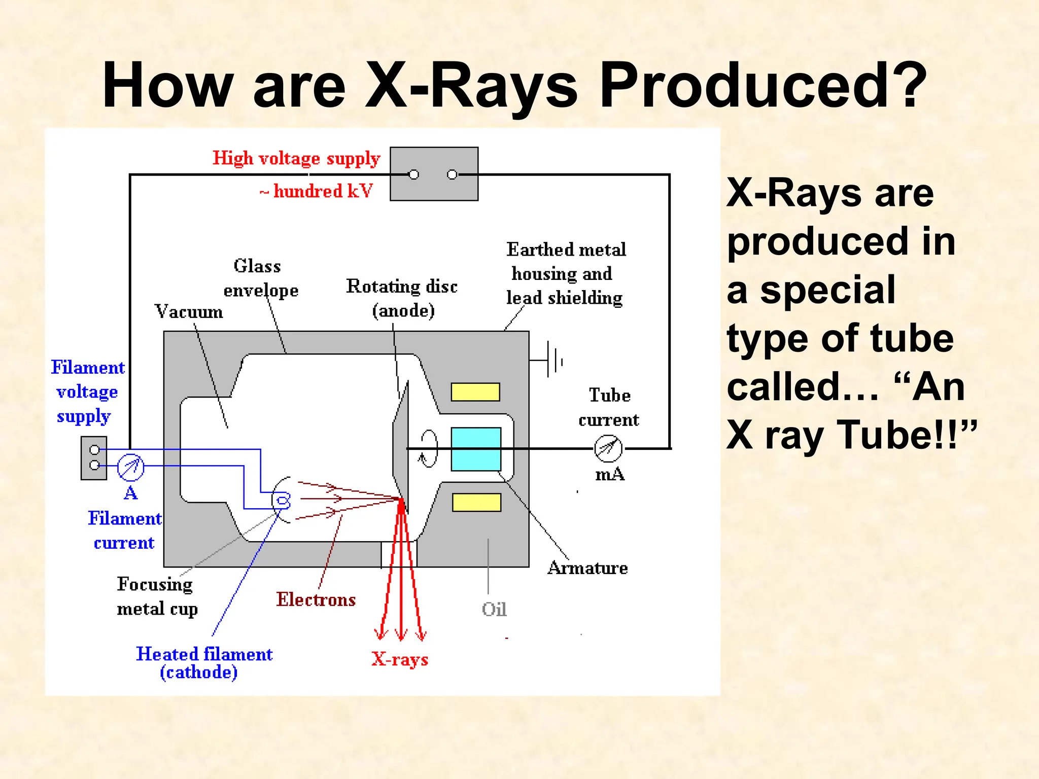 How are X-Rays Produced?
X-Rays are
produced in
a special
type of tube
called… “An
X ray Tube!!”
 