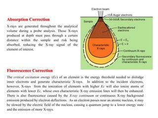 Absorption Correction
X-rays are generated throughout the analytical
volume during a probe analysis. Those X-rays
produced at depth must pass through a certain
distance within the sample and risk being
absorbed, reducing the X-ray signal of the
element of interest.
Fluorescence Correction
The critical excitation energy (Ec) of an element is the energy threshold needed to dislodge
inner electrons and generate characteristic X-rays. In addition to the incident electrons,
however, X-rays from the ionization of elements with higher Ec will also ionize atoms of
elements with lower Ec, whose own characteristic X-ray emission lines will then be enhanced.
There is also fluorescence caused by the X-ray continuum or continuous X-ray background
emission produced by electron deflections. As an electron passes near an atomic nucleus, it may
be slowed by the electric field of the nucleus, causing a quantum jump to a lower energy state
and the emission of more X-rays.
 