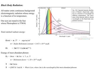 Black Body Radiation:
All matter emits continuous background
electromagnetic radiation whose energy
is a function of its temperature.
Total emitted radiant energy:
Etotal =  . T4 = ergs/sec/m2
= Stefan-Boltzmann constant = 5.672  10-16 erg/K
Eλ = 2hc2/λ5×1/(e(hc/λ(T-1))
Energy of most abundant photon:
E = hm = hc/m  3 .  . T
= Boltzmann factor = 1.38  10-16 erg/K
T = hc/3m
T = (2897.8 / m) K = Wien’s Law, where m is the wavelength of the most abundant photons
Our eyes are tuned to the Sun
whose Photosphere is 5780 K
 