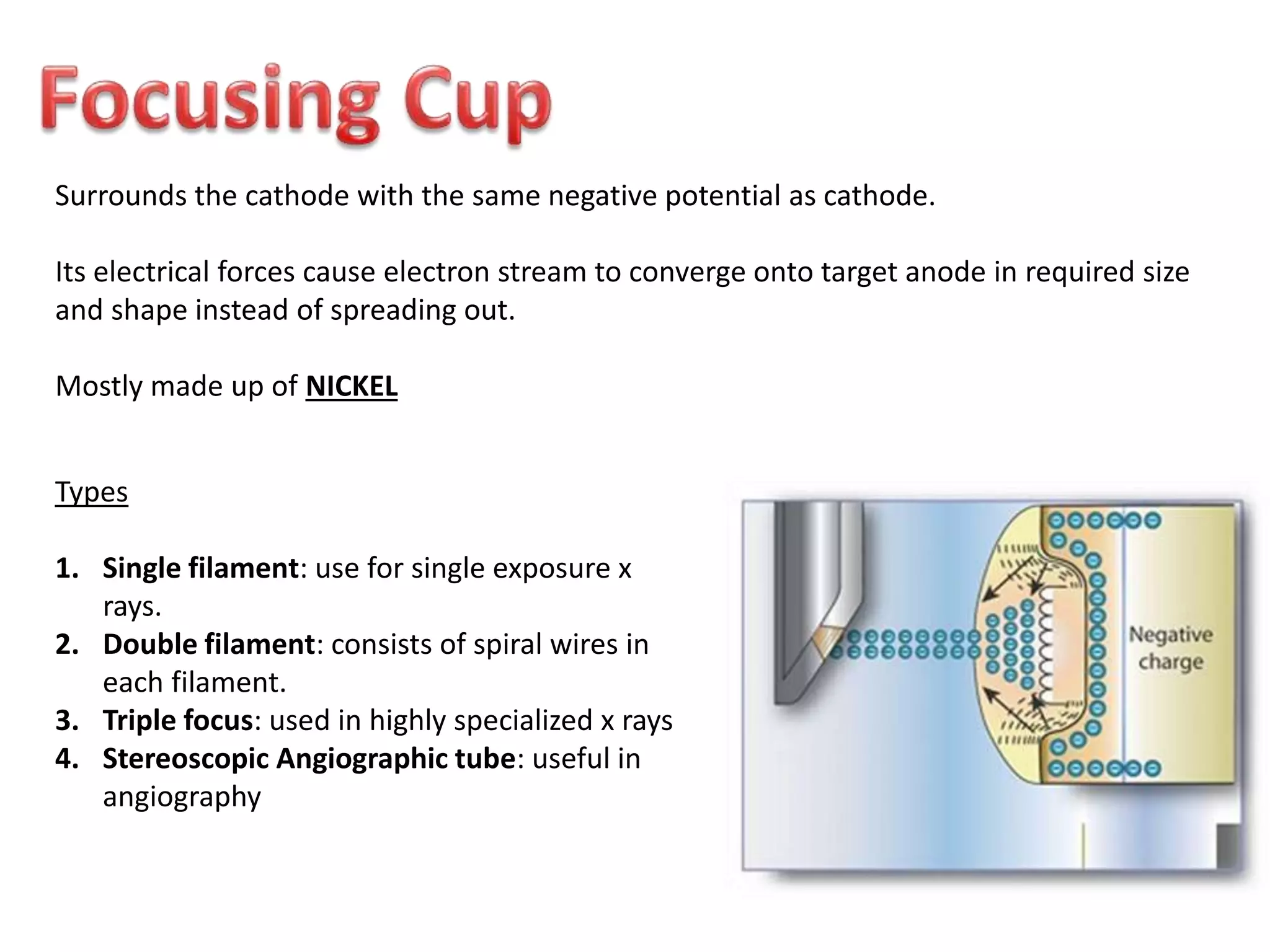 Surrounds the cathode with the same negative potential as cathode.
Its electrical forces cause electron stream to converge onto target anode in required size
and shape instead of spreading out.
Mostly made up of NICKEL
Types
1. Single filament: use for single exposure x
rays.
2. Double filament: consists of spiral wires in
each filament.
3. Triple focus: used in highly specialized x rays
4. Stereoscopic Angiographic tube: useful in
angiography
 