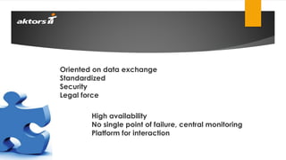 High availability
No single point of failure, central monitoring
Platform for interaction
Oriented on data exchange
Standardized
Security
Legal force
 