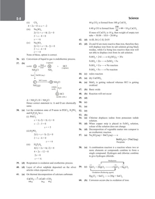 S-8 Science
			 (ii) CS2
			 4 + 2x = 0 ⇒ x = –2
			 (iii) Na2SO4
				 2(+1) + x + 4(–2) = 0
				 2 + x – 8 = 0
				 x = + 6
			 (iv) Na2SO3
				 2(+1) + x + 3(– 2) = 0
				 2 + x – 6 = 0
				 x = + 4
			 None of these, option is correct.
36. (c) Conversion of liquid to gas is endothermic process.
37. (b)
(solid) A
heat
cool
(vapour)
HCl
NH3
NH Cl
4
B +
(vapour)
C D
heat NaOH (aq.)
HCl (con)
NH (g)
3
NH Cl
4
(shake
well)
H O
2
E H l
C
(acidic soln.)
→
		
A = NH4Cl; D = NH4Cl
		
Hence correct statement is: A and D are chemically
same.
38. (a) Let the oxidation state of P-atom in POCl3, H2PO3
and H4P2O6 be x.
		
(i) POCl3
			 x + 1(–2) + 3(–1) = 0
			 x – 2 – 3 = 0
		 x = + 5
		
(ii) H2PO3
		
		 2(1) + x + 3(–2) = 0
		
		 2 + x – 6 = 0
		 x = + 4
		
(iii) H4P2O6
		
		 4(1) + 2x + 6(–2) = 0
		
		 4 + 2x – 12 = 0
		
		 2x = 8
		 x = + 4.
39. (d) Respiration is oxidation and exothermic process.
40. (d) Layer of silver sulphide deposited on the silver
articles when exposed to air.
41. (a) On thermal decomposition of calcium carbonate
		
3 2
44 g
100 g 56 g
CaCO CaO CO
∆

→ +
		
44 g CO2 is formed from 100 g CaCO3
		
4.40 g CO is formed from
100
44
44
× = 10 g CaCO3
		
If mass of CaCO3 is 10 g, then weight of empty test
tube = 30.08 – 10.0 = 20.08 g
42. (d) A-III, B-I, C-II, D-IV
43. (d) Zn and Al are more reactive than iron, therefore they
will displace iron from its salt solution giving black
residue, while Cu being less reactive than iron will
not able to displace iron from its salt solution.
		
FeSO4 + 2Al → Al2(SO4)3 + 3Fe
		
FeSO4 + Zn → ZnSO4 + Fe
		
FeSO4 + Cu → No reaction
		
FeSO4 + Fe → No reaction
44. (c) redox reaction
45. (a) dry Ca(OH)2
46. (a) MnO2 is getting reduced whereas HCl is getting
oxidized
47. (b) Basic oxide
48. (b) Reaction will not occur
49. (d)
50. (c)
51. (a)
52. (a)
53. (b)
54. (a) Chlorine displaces iodine from potassium iodide
solution.
55. (d) When copper strip is placed in FeSO4 solution,
colour of the solution does not change.
56. (d) Decomposition of vegetable matter into compost is
an exothermic reaction.
57. (a) Na2SO4(aq) + BaCl2(aq) →
4
Precipitate
BaSO (s) 2NaCl(aq)
+
58. (a) A combination reaction is a reaction where two or
more elements or compounds combine to form a
single compound. Hydrogen and chlorine combine
to give hydrogen chloride.
59. (c) SnCl + 2HgCl
2 2 SnCl + Hg Cl
4 2 2
Reduction
Oxidation (Reducing agent)
+2 +2 +4 +1
 →

		
Hg2Cl2 + SnCl2 → 2Hg + SnCl4
60. (b) Corrosion occurs due to oxidation of iron.
 