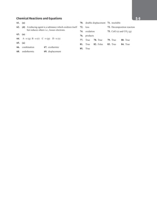 S-9
Chemical Reactions and Equations
61. (a)
62. (d) Areducing agent is a substance which oxidizes itself
but reduces others i.e., looses electrons.
63. (a)
64. A → (q) B → (r) C → (p) D → (s)
65. (a)
66. combination 67. exothermic
68. endothermic 69. displacement
70. double displacement 71. insoluble
72. loss 			 73. Decomposition reaction
74. oxidation 75. CaO (s) and CO2 (g)
76. products
77. True 78. True 79. True 80. True
81. True 82. False 83. True 84. True
85. True
 