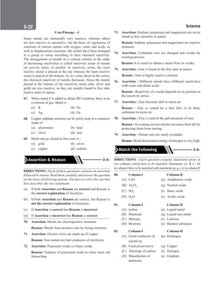 Science
S-22
Case/Passage - 4
Some metals are chemically very reactive, whereas others
are less reactive or unreactive. On the basis of vigourness of
reactions of various metals with oxygen, water and acids, as
well as displacement reactions, the metals have been arranged
in a group or series according to their chemical reactivity.
The arrangement of metals in a vertical column in the order
of decreasing reactivities is called reactivity series of metals
(or activity series of metals). In reactivity series, the most
reactive metal is placed at the top whereas the least reactive
metal is placed at the bottom. As we come down in the series,
the chemical reactivity of metals decreases. Since the metals
placed at the bottom of the reactivity series (like silver and
gold) are less reactive, so they are usually found in free state
(native state) in nature.
67. When metal Z is added to dilute HCl solution, there is no
evolution of gas. Metal is :
(a) K		 (b) Na
(c) Ag		 (d) Zn
68. Copper sulphate solution can be safely kept in a container
made of :
(a) aluminium (b) lead
(c) silver (d) zinc
69. Metal always found in free state is :
(a) gold		 (b) silver
(c) copper (d) sodium
Assertion  Reason
DIRECTIONS : Each of these questions contains an assertion
followed by reason. Read them carefully and answer the question
on the basis of following options. You have to select the one that
best describes the two statements.
(a) If both Assertion and Reason are correct and Reason is
the correct explanation of Assertion.
(b) If both Assertion and Reason are correct, but Reason is
not the correct explanation of Assertion.
(c) If Assertion is correct but Reason is incorrect.
(d) If Assertion is incorrect but Reason is correct.
70. Assertion: Metals are electropositive elements.
Reason: Metals form positive ions by losing electrons.
71. Assertion: Electric wires are made up of copper.
Reason: Non metals are bad conductor of electricity.
72. Assertion: Potassium oxide is a basic oxide.
Reason: Solution of potassium oxide in water turns red
litmus blue.
73. Assertion: Sodium, potassium and magnesium are never
found as free elements in nature.
Reason: Sodium, potassium and magnesium are reactive
elements.
74. Assertion: Carbonate ores are changed into oxides by
roasting process.
Reason: It is easier to obtain a metal from its oxides.
75. Assertion : Iron is found in the free state in nature.
Reason : Iron is highly reactive element.
76. Assertion : Different metals have different reactivities
with water and dilute acids.
Reason : Reactivity of a metal depends on its position in
the reactivity series.
77. Assertion : Zinc becomes dull in moist air.
Reason : Zinc is coated by a thin film of its basic
carbonate in moist air.
78. Assertion : Zinc is used in the galvanisation of iron.
Reason : Its coating on iron articles increases their life by
protecting them from rusting.
79. Assertion : Nitrate ores are rarely available.
Reason: Bond dissociation energy of nitrogen is very high.
Match the Following
DIRECTIONS : Each question contains statements given in
two columns which have to be matched. Statements (A, B, C, D)
incolumnIhavetobematchedwithstatements(p,q,r,s)incolumnII.
80.		 Column-I		 Column-II
(A) CaO		 (p) Amphoteric oxide
(B) Al2O3 (q) Neutral oxide
(C) SO2		 (r) Basic oxide
(D) H2O		 (s) Acidic oxide
81. Column-I		Column-II
(A) Iodine (p) Liquid metal
(B) Diamond (q) Liquid non-metal
(C) Mercury (r) Lustrous
(D) Bromine (s) Hardest substance
82. Column-I		Column-II
(A) Good conductor of (p) Hydrogen
		electricity
(B) Food preservative (q) Copper
(C) Allotrope of carbon (r) Nitrogen
(D) Manufacture of (s) Graphite
		ammonia
 