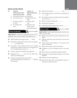 Metals and Non-Metals S-23
83. 		 Column-I		 Column - II
		 (Position of the Metal 		 (Related Reduction
		 in the Activity Series)		 Process)
A. The bottom of the series (p) Electrolysis
B. The top of the series (q) Reduction by heat
					 alone
C. The lower regions of (r) Found in native
		 the series		 state
D. The middle of the (s) Reduction using
		 series		 carbon or some
					 other reducing agent
Fill in the Blanks
DIRECTIONS : Complete the following statements with an
appropriate word / term to be filled in the blank space(s).
84. Metals combine with oxygen to form ......... oxides.
85. Metals above hydrogen in the activity series can displace
............. from dilute acids.
86. The surface of some metals, such as iron, is corroded
when they are exposed to moist air for a long period of
time. This phenomenon is known as ................... .
87. The best conductors of electricity are copper and ............
88. Manganese and ............... react with very dilute nitric
acid to evolve hydrogen gas.
89. An alloy of any metal with mercury is called ......................
the electrical conductivity of an alloy is ........... than that
of pure metals.
90. Stainless steel contains ..............., ............. and ..............
91. Froth floatation process is used for the concentration of
.............. ores.
92. The method of removing volatile matter from carbonate
ores is known as ...................... .
93. Bronze is an alloy of copper and ................... .
94. The main ore of copper is ...................... .
95. In electrolytic refining, impure metal is used as ................. .
True / False
DIRECTIONS : Read the following statements and write your
answer as true or false.
96. Metals can form positive ions by losing electrons to non-
metals.
97. Different metals have same reactivities with water and
dilute acids.
98. A more reactive metal displaces a less reactive metal
from its salt solution.
99. Metals occur in nature only as free elements.
100. Aluminium is the most abundant metal in the earth’s
crust.
101. Mercury and zinc are purified by liquation method.
102. The presence of carbon in pig iron makes it very soft and
malleable.
103. Roasting is done for sulphide ores.
104. Reaction that takes place in aluminothermic process is
also known as thermite reaction.
 
