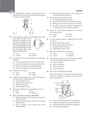 Science
S-28
27. The diagram below represents a group of organs in the
human body. Urine leaves the urinary bladder by passing
through this structure labelled
A
B
C
D
(a) A (b) B
(c) C (d) D
28. Given alongside is a sketch of a leaf partially covered with
black paper and which is to be
used in the experiment to show
that light is compulsory for the
process of photosynthesis. At the
end of the experiment, which one
of the leaf parts labelled I, II and
III will become black when
dipped in iodine solution?
(a) I only (b) II only
(c) I and III (d) II and III
29. The phenomenon of normal breathing in a human being
comprises.
(a) an active inspiratory and a passive expiratory phase.
(b) a passive inspiratory and an active expiratory phase.
(c) both active inspiratory and expiratory phases.
(d) both passive inspiratory and expiratory phases.
30. Filteration unit of kidney is
(a) ureter (b) urethra
(c) neuron (d) nephron
31. A column of water within xylem vessels of tall trees does
not break under its weight because of:
(a) Tensile strength of water
(b) Lignification of xylem vessels
(c) Positive root pressure
(d) Dissolved sugars in water
32. Roots play insignificant role in absorption of water in:
(a) Pistia (b) Pea
(c) Wheat (d) Sunflower
33. Which of the following statements is not correct?
(a) Goblet cells are present in the mucosa of intestine
and secrete mucus.
(b) Oxyntic cells are present in the mucosa of stomach
and secrete HCl.
(c) Acini are present in the pancreas and secrete
carboxypeptidase.
I
II
III
(d) Brunner’s glands are present in the submucosa of
stomach and secrete pepsinogen.
34. Human urine is usually acidic because
(a) excreted plasma proteins are acidic.
(b) potassium and sodium exchange generates acidity.
(c) hydrogen ions are actively secreted into the filtrate.
(d) the sodium transporter exchanges one hydrogen ion
for each sodium ion in peritubular capillaries.
35. Which one of the following animals has two separate
circulatory pathways?
(a) Lizard (b) Whale
(c) Shark (d) Frog
36. Cow has a special stomach as compared to that of a lion
in order to
(a) absorb food in better manner.
(b) digest cellulose present in the food.
(c) assimilate food in a better way.
(d) absorb large amount of water.
37. Which of the following is not an enzyme?
(a) Lipase (b) Amylase
(c) Trypsin (d) Bilirubin
38. Pancreatic juice contains more than one enzyme. Which
among the following combination is correct?
(a) Pepsin and Lipase
(b) Amylase and Pepsin
(c) Pepsin and Trypsin
(d) Trypsin and Lipase
39. Observe the experimental sets [A]  [B].
Observe the test tube A  B. From the list given below,
choose the combination of responses of shoot and root
that are observed in B.
Test tube
Water
Cotton
Plug
Plant
(A) (B)
Day 1
Day 5
(a) Positive phototropism and positive geotropism
(b) Negative phototropism and positive geotropism
(c) Positive phototropism and negative geotropism
(d) Only negative phototropism
 