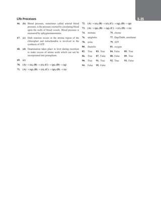 Life Processes S-35
66. (b) Blood pressure, sometimes called arterial blood
pressure, is the pressure exerted by circulating blood
upon the walls of blood vessels. Blood pressure is
measured by sphygmomanometer.
67. (c) Dark reaction occurs in the stroma region of the
chloroplast and mitochondria is involved in the
synthesis of ATP.
68. (d) Deamination takes place in liver during excretion
to make excess of amino acids which can not be
incorporated into protoplasm.
69. (c)
70. (A) → (s), (B) → (r), (C) → (p), (D) → (q)
71. (A) → (q), (B) → (r), (C) → (p), (D) → (s)
72. (A) → (s), (B) → (r), (C) → (q), (D) → (p)
73. (A) → (p), (B) → (q), (C) → (r), (D) → (s)
74. stomata			 75. chyme
76. epiglottis		 77. Dup/Dubb, semilunar
78. urine			 79. ATP
80. diastolic		 81. oxygen
82. True 83. True 84. False 85. True
86. True 87. False 88. False 89. True
90. True		 91. True 92. True 93. False
94. False 95. False
 