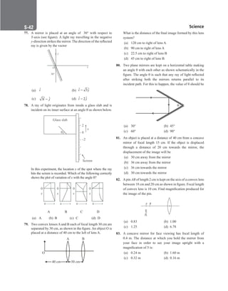 Science
S-42
77. A mirror is placed at an angle of 30° with respect to
Y-axis (see figure). A light ray travelling in the negative
y-direction strikes the mirror. The direction of the reflected
ray is given by the vector
y
x
O
30°
(a) ˆ
i 		 (b) ˆ ˆ
3
i j
−
(c) ˆ ˆ
3i j
− (d) ˆ ˆ
2
i j
−
78. A ray of light originates from inside a glass slab and is
incident on its inner surface at an angle θ as shown below.
Glass slab
2
0
–2
x
Screen

In this experiment, the location x of the spot where the ray
hits the screen is recorded. Which of the following correctly
shows the plot of variation of x with the angle θ?
		
0
x


0
x


0
x


0
x


		 A B C D
(a) A (b) B				 (c) C		 (d) D
79. Two convex lenses A and B each of focal length 30 cm are
separated by 30 cm, as shown in the figure. An object O is
placed at a distance of 40 cm to the left of lens A.
A B
O
40 cm 30 cm
What is the distance of the final image formed by this lens
system?
(a) 120 cm to right of lens A
(b) 90 cm to right of lens A
(c) 22.5 cm to right of lens B 		
(d) 45 cm to right of lens B
80. Two plane mirrors are kept on a horizontal table making
an angle θ with each other as shown schematically in the
figure. The angle θ is such that any ray of light reflected
after striking both the mirrors returns parallel to its
incident path. For this to happen, the value of θ should be

(a) 30°		 (b) 45°
(c) 60°		 (d) 90°
81. An object is placed at a distance of 40 cm from a concave
mirror of focal length 15 cm. If the object is displaced
through a distance of 20 cm towards the mirror, the
displacement of the image will be
(a) 30 cm away from the mirror
(b) 36 cm away from the mirror
(c) 36 cm towards the mirror
(d) 30 cm towards the mirror
82. Apin AB of length 2 cm is kept on the axis of a convex lens
between 18 cm and 20 cm as shown in figure. Focal length
of convex lens is 10 cm. Find magnification produced for
the image of the pin.
A B
20
cm
(a) 0.83		 (b) 1.00
(c) 1.25		 (d) 6.78
83. A concave mirror for face viewing has focal length of
0.4 m. The distance at which you hold the mirror from
your face in order to see your image upright with a
magnification of 5 is:
(a) 0.24 m (b) 1.60 m
(c) 0.32 m (d) 0.16 m
 