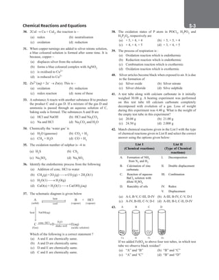 S-3
Chemical Reactions and Equations
30. 2CuI → Cu + CuI2, the reaction is –
(a) redox (b) neutralisation
(c) oxidation (d) reduction
31. When copper turnings are added to silver nitrate solution,
a blue coloured solution is formed after some time. It is
because, copper –
(a) displaces silver from the solution
(b) forms a blue coloured complex with AgNO3
(c) is oxidised to Cu2+
(d) is reduced to Cu2+
32. Zn2+(aq) + 2e– → Zn(s). This is –
(a) oxidation (b) reduction
(c) redox reaction (d) none of these
33. A substance A reacts with another substance B to produce
the product C and a gas D. If a mixture of the gas D and
ammonia is passed through an aqueous solution of C,
baking soda is formed. The substances A and B are
(a) HCl and NaOH (b) HCl and Na2CO3
(c) Na and HCl (d) Na2CO3 and H2O
34. Chemically the ‘water gas’ is
(a) H2O (gaseous) (b) CO2 + H2
(c) CH4 + H2O (d) CO + H2
35. The oxidation number of sulphur is –4 in
(a) H2S (b) CS2
(c) Na2SO4 (d) Na2SO3
36. Identify the endothermic process from the following
(a) Addition of conc. HCl to water
(b) CH4(g) +2O2(g) → CO2(g) + 2H2O(1)
(c) H2O(1) → H2O(g)
(d) CaO(s) + H2O(1) → Ca(OH)2(aq)
37. The schematic diagram is given below
A
(solid)
B
(vapour)
HCl
(vapour)
+
heat NaOH(aq)
C
(Gas)
conc. HCl
D
H O
2
shake well
E(aq)
(acidic solution)
heat
cool
→ →



→
→
→
Which of the following is a correct statement ?
(a) A and E are chemically same.
(b) A and D are chemically same.
(c) D and E are chemically same.
(d) C and E are chemically same.
38. The oxidation states of P atom in POCl3, H2PO3 and
H2P2O6, respectively are
(a) + 5, + 4, + 4 (b) + 5, + 5, + 4
(c) + 4, + 4, + 5 (d) + 3, + 4, + 5
39. The process of respiration is :
(a) Oxidation reaction which is endothermic
(b) Reduction reaction which is endothermic
(c) Combination reaction which is exothermic
(d) Oxidation reaction which is exothermic
40. Silver articles become black when exposed to air. It is due
to the formation of
(a) Silver oxide (b) Silver nitrate
(c) Silver chloride (d) Silve sulphide
41. A test tube along with calcium carbonate in it initially
weighed 30.08 g. A heating experiment was performed
on this test tube till calcium carbonate completely
decomposed with evolution of a gas. Loss of weight
during this experiment was 4.40 g. What is the weight of
the empty test tube in this experiment?
(a) 20.08 g (b) 21.00 g
(c) 24.50 g (d) 2.008 g
42. Match chemical reactions given in the List I with the type
of chemical reactions given in List II and select the correct
answer using the options given below:
List I
(Chemical reactions)
List II
(Type of Chemical
reactions)
A. Formation of NH3
from N2 and H2
I. Decomposition
B. Calcination of zinc
carbonate.
II. Double displacement
C. Reaction of aqueous
BaCl2 solution with
dilute H2SO4
III. Combination
D. Rancidity of oils IV. Redox
V. Displacement
(a) A-I, B-V, C-III, D-IV (b) A-III, B-IV, C-V, D-I
(c) A-IV, B-III, C-V, D-I (d) A-III, B-I, C-II, D-IV
43.
Cu Al Fe Zn
A B C D
If we added FeSO4 to above four test tubes, in which test
tube we observe black residue?
(a) “A” and “B” (b) “B” and “C”
(c) “A” and “C” (d) “B” and “D”
 