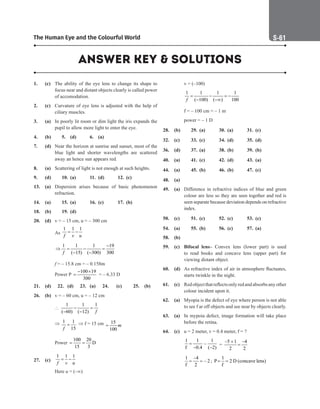 The Human Eye and the Colourful World S-61
1. (c) The ability of the eye lens to change its shape to
focus near and distant objects clearly is called power
of accomodation.
2. (c) Curvature of eye lens is adjusted with the help of
ciliary muscles.
3. (a) In poorly lit room or dim light the iris expands the
pupil to allow more light to enter the eye.
4. (b)		 5. (d) 6. (a)
7. (d) Near the horizon at sunrise and sunset, most of the
blue light and shorter wavelengths are scattered
away an hence sun appears red.
8. (a) Scattering of light is not enough at such heights.
9. (d) 10. (a) 11. (d) 12. (c)
13. (a) Dispersion arises because of basic phenomenon
refraction.
14. (a)		 15. (a) 16. (c) 17. (b)
18. (b)		 19. (d)
20. (d) v = – 15 cm, u = – 300 cm
		
As
1 1 1
f v u
= −
		
1 1 1 19
( 15) ( 300) 300
f
−
⇒ = − =
− −
		
f = – 15.8 cm = – 0.158m
		
Power P
100 19
300
− ×
= = – 6.33 D
21. (d) 22. (d) 23. (a) 24. (c) 25. (b)
26. (b) v = – 60 cm, u = – 12 cm
		
∴
1 1 1
( 60) ( 12) f
− =
− −
		
⇒ 1 1
15
f
= ⇒ f = 15 cm 15
100
m
=
		
Power
100 20
D
15 3
= =
27. (c)
1 1 1
f v u
= −
		
Here u = (–∞)
		
v = (–100)
		
1 1 1 1
( 100) ( ) 100
f
= − =
−
− −∞
		
f = – 100 cm = – 1 m
		
power = – 1 D
28. (b)		 29. (a) 30. (a) 31. (c)
32. (c)		 33. (c) 34. (d) 35. (d)
36. (d)		 37. (a) 38. (b) 39. (b)
40. (a)		 41. (c) 42. (d) 43. (a)
44. (a)		 45. (b) 46. (b) 47. (c)
48. (a)
49. (a) Difference in refractive indices of blue and green
colour are less so they are seen together and red is
seen separate because deviation depends on refractive
index.
50. (c)		 51. (c) 52. (c) 53. (c)
54. (a)		 55. (b) 56. (c) 57. (a)
58. (b)
59. (c) Bifocal lens– Convex lens (lower part) is used
to read books and concave lens (upper part) for
viewing distant object.
60. (d) As refractive index of air in atmosphere fluctuates,
starts twinkle in the night.
61. (c) Redobjectthatreflectsonlyredandabsorbsanyother
colour incident upon it.
62. (a) Myopia is the defect of eye where person is not able
to see f ar off objects and see near by objects clearly.
63. (a) In mypoia defect, image formation will take place
before the retina.
64. (c) u = 2 meter, v = 0.4 meter, f = ?
		
1 1 1
–
f 0.4 ( 2)
=
− −
=
–5 1 –4
2 2
+
=
		
1 –4
– 2
f 2
= = ;
1
P 2 D (concave lens)
f
= =
ANSWER KEY  SOLUTIONS
 