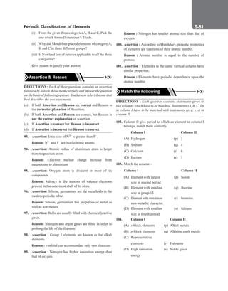 Periodic Classification of Elements S-81
(i) From the given three categories A, B and C, Pick the
one which forms Dobereiner’s Triads.
(ii) Why did Mendeleev placed elements of category A,
B and C in three different groups?
(iii) Is Newland law of octaves applicable to all the three
categories?
Give reason to justify your answer.
Assertion  Reason
DIRECTIONS : Each of these questions contains an assertion
followed by reason. Read them carefully and answer the question
on the basis of following options. You have to select the one that
best describes the two statements.
(a) If both Assertion and Reason are correct and Reason is
the correct explanation of Assertion.
(b) If both Assertion and Reason are correct, but Reason is
not the correct explanation of Assertion.
(c) If Assertion is correct but Reason is incorrect.
(d) If Assertion is incorrect but Reason is correct.
93. Assertion: Ionic size of N3– is greater than F–.
Reason: N3– and F– are isoelectronic anions.
94. Assertion: Atomic radius of aluminium atom is larger
than magnesium atom.
Reason: Effective nuclear charge increase from
magnesium to aluminium.
95. Assertion: Oxygen atom is divalent in most of its
compounds.
Reason: Valency is the number of valence electrons
present in the outermost shell of its atom.
96. Assertion: Silicon, germanium are the metalloids in the
modern periodic table.
Reason: Silicon, germanium has properties of metal as
well as non metals.
97. Assertion: Bulbs are usually filled with chemically active
gases.
Reason: Nitrogen and argon gases are filled in order to
prolong the life of the filament.
98. Assertion : Group 1 elements are known as the alkali
elements.
Reason : s-orbital can accommodate only two electrons.
99. Assertion : Nitrogen has higher ionization energy than
that of oxygen.
Reason : Nitrogen has smaller atomic size than that of
oxygen.
100. Assertion : According to Mendeleev, periodic properties
of elements are functions of their atomic number.
Reason : Atomic number is equal to the number of
protons.
101. Assertion : Elements in the same vertical column have
similar properties.
Reason : Elements have periodic dependence upon the
atomic number.
Match the Following
DIRECTIONS : Each question contains statements given in
two columns which have to be matched. Statements (A, B, C, D)
in column I have to be matched with statements (p, q, r, s) in
column II.
102. Column II give period to which an element in column I
belongs, match them correctly.
Column I		 Column II
(A) Hydrogen (p) 3
(B) Sodium (q) 4
(C) Calcium (r) 6
(D) Barium (s) 1
103. Match the column –
Column I		 Column II
(A) Element with largest (p) boron
			 size in second period
(B) Element with smallest (q) fluorine
			 size in group 13
(C) Element with maximum (r) bromine
			 non-metallic character.
(D) Element with smallest (s) lithium
			 size in fourth period
104.		 Column I		 Column II
(A) s-block elements (p) Alkali metals
(B) p-block elements (q) Alkaline earth metals
(C) Representative
		 elements (r) Halogens
(D) High ionisation (s) Noble gases
		energy
 
