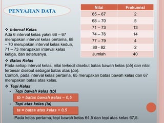 PENYAJIAN DATA
Nilai Frekuensi
65 – 67 2
68 – 70 5
71 – 73 13
74 – 76 14
77 – 79 4
80 - 82 2
Jumlah 40
 Interval Kelas
Ada 6 interval kelas yakni 66 – 67
merupakan interval kelas pertama, 68
– 70 merupakan interval kelas kedua,
71 – 73 merupakan interval kelas
ketiga, dan seterusnya.
 Batas Kelas
Pada setiap interval kelas, nilai terkecil disebut batas bawah kelas (bb) dan nilai
terbesar disebut sebagai batas atas (ba).
Contoh, pada interval kelas pertama, 65 merupakan batas bawah kelas dan 67
merupakan batas atas kelas.
 Tepi Kelas
- Tepi bawah kelas (tb)
tb = batas bawah kelas – 0,5
- Tepi atas kelas (ta)
ta = batas atas kelas + 0,5
Pada kelas pertama, tepi bawah kelas 64,5 dan tepi atas kelas 67,5.
 