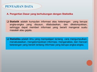 PENYAJIAN DATA
A. Pengertian Dasar yang berhubungan dengan Statistika
 Statistik adalah kumpulan informasi atau keterangan yang berupa
angka-angka yang disusun, ditabulasikan, dan dikelompokkan,
sehingga dapat memberi informasi yang berarti mengenai suatu
masalah atau gejala.
 Statistika adalah ilmu yang mempelajari tentang cara mengumpulkan,
menabulasikan, mengelompokkan informasi, menganalisis, dan mencari
keterangan yang berarti tentang informasi yang berupa angka-angka.
 