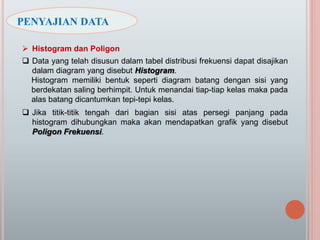  Histogram dan Poligon
 Data yang telah disusun dalam tabel distribusi frekuensi dapat disajikan
dalam diagram yang disebut Histogram.
Histogram memiliki bentuk seperti diagram batang dengan sisi yang
berdekatan saling berhimpit. Untuk menandai tiap-tiap kelas maka pada
alas batang dicantumkan tepi-tepi kelas.
 Jika titik-titik tengah dari bagian sisi atas persegi panjang pada
histogram dihubungkan maka akan mendapatkan grafik yang disebut
Poligon Frekuensi.
PENYAJIAN DATA
 