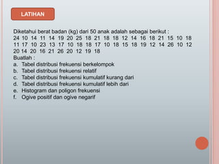 LATIHAN
Diketahui berat badan (kg) dari 50 anak adalah sebagai berikut :
24 10 14 11 14 19 20 25 18 21 18 18 12 14 16 18 21 15 10 18
11 17 10 23 13 17 10 18 18 17 10 18 15 18 19 12 14 26 10 12
20 14 20 16 21 26 20 12 19 18
Buatlah :
a. Tabel distribusi frekuensi berkelompok
b. Tabel distribusi frekuensi relatif
c. Tabel distribusi frekuensi kumulatif kurang dari
d. Tabel distribusi frekuensi kumulatif lebih dari
e. Histogram dan poligon frekuensi
f. Ogive positif dan ogive negarif
 