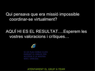 Qui pensava que era missió impossible coordinar-se virtualment? AQUÍ HI ES EL RESULTAT….Esperem les vostres valoracions i crítiques… ATENTAMENT EL GRUP X-TEAM SI US PLAU DOBLE CLICK DAMUNT EL DIBUIX PER ACCEDIR A LA NOSTRA WIKI. GRÀCIES. 