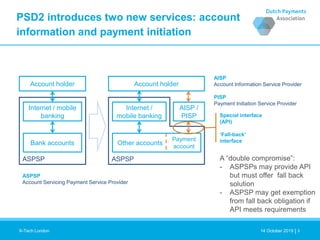 |
314 October 2019X-Tech London
PSD2 introduces two new services: account
information and payment initiation
Account holder
Internet / mobile
banking
Bank accounts
ASPSP
Internet /
mobile banking
Other accounts
ASPSP
Payment
account
AISP /
PISP
Account holder
ASPSP
Account Servicing Payment Service Provider
AISP
Account Information Service Provider
PISP
Payment Initiation Service Provider
Special interface
(API)
‘Fall-back’
interface
A “double compromise”:
- ASPSPs may provide API
but must offer fall back
solution
- ASPSP may get exemption
from fall back obligation if
API meets requirements
X-Tech London 14 October 2019 3
 