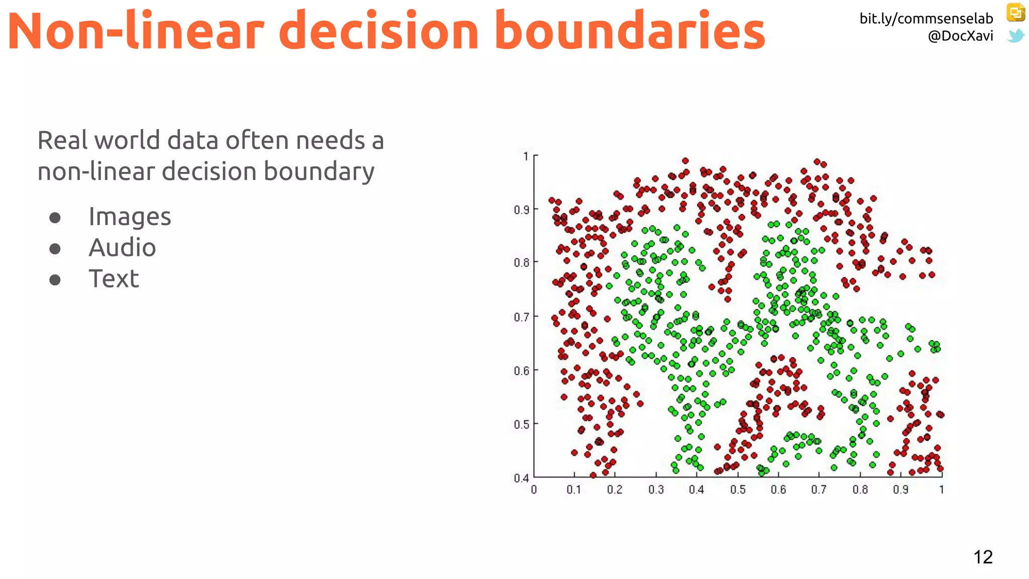 bit.ly/commsenselab
@DocXavi
12
Non-linear decision boundaries
Real world data often needs a
non-linear decision boundary
● Images
● Audio
● Text
 