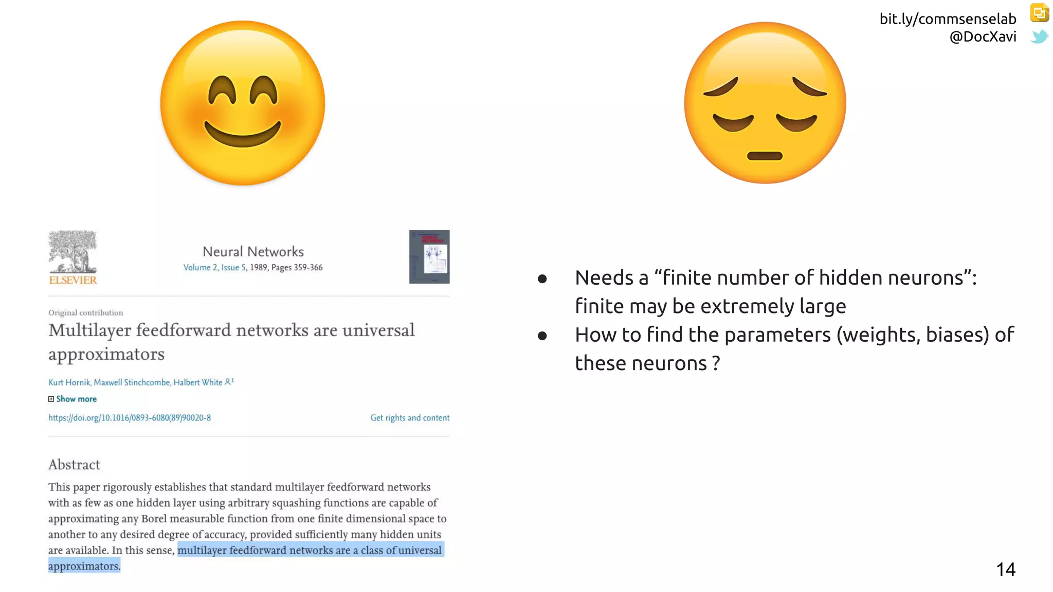 bit.ly/commsenselab
@DocXavi
14
● Needs a “ﬁnite number of hidden neurons”:
ﬁnite may be extremely large
● How to ﬁnd the parameters (weights, biases) of
these neurons ?
 