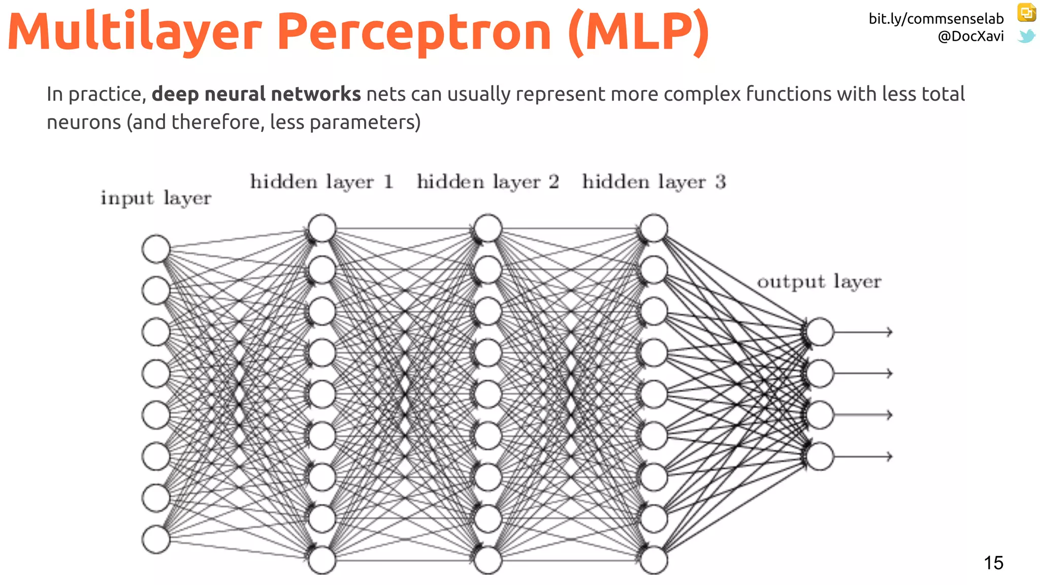 bit.ly/commsenselab
@DocXavi
15
Multilayer Perceptron (MLP)
In practice, deep neural networks nets can usually represent more complex functions with less total
neurons (and therefore, less parameters)
 