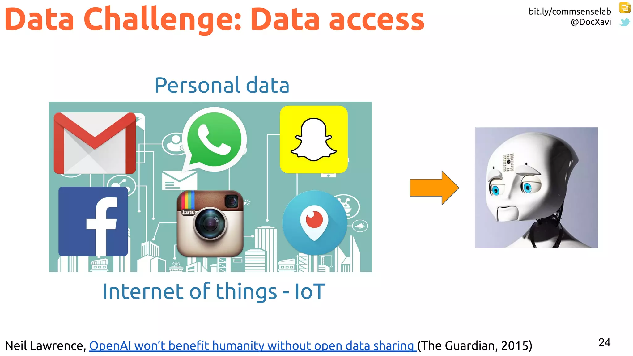 bit.ly/commsenselab
@DocXavi
24
Data Challenge: Data access
Personal data
Internet of things - IoT
Neil Lawrence, OpenAI won’t beneﬁt humanity without open data sharing (The Guardian, 2015)
 