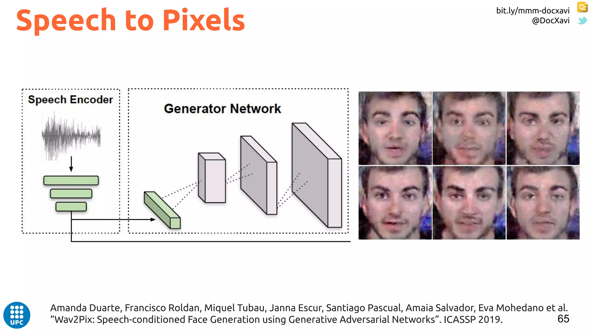 bit.ly/mmm-docxavi
@DocXavi
65
Speech to Pixels
Amanda Duarte, Francisco Roldan, Miquel Tubau, Janna Escur, Santiago Pascual, Amaia Salvador, Eva Mohedano et al.
“Wav2Pix: Speech-conditioned Face Generation using Generative Adversarial Networks”. ICASSP 2019.
 