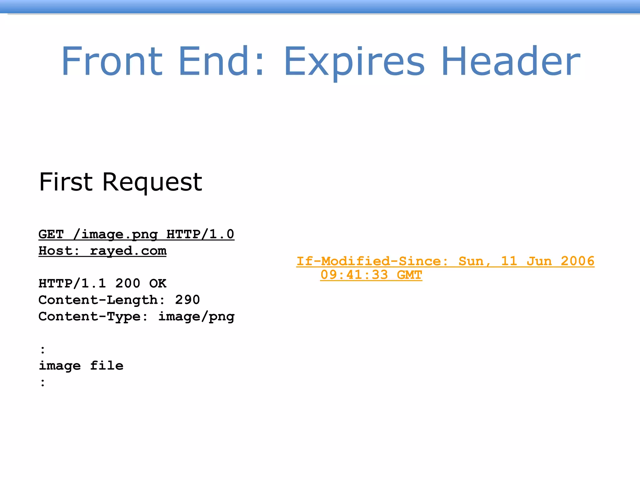 Front End: Expires Header First Request GET /image.png HTTP/1.0 Host: rayed.com HTTP/1.1 200 OK Content-Length: 290 Content-Type: image/png : image file : Second Request GET /image.png HTTP/1.0 Host: rayed.com If-Modified-Since: Sun, 11 Jun 2006 09:41:33 GMT HTTP/1.1 304 Not Modified Content-Type: image/png 